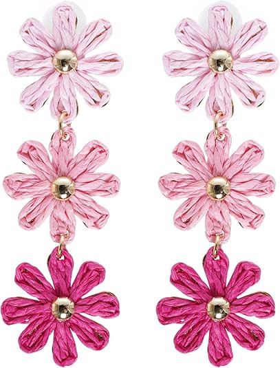 Raffia Flower Earrings Boho Handmade Straw Wrapped Drop Dangle Earrings for Women Summer Beach Je... | Amazon (US)