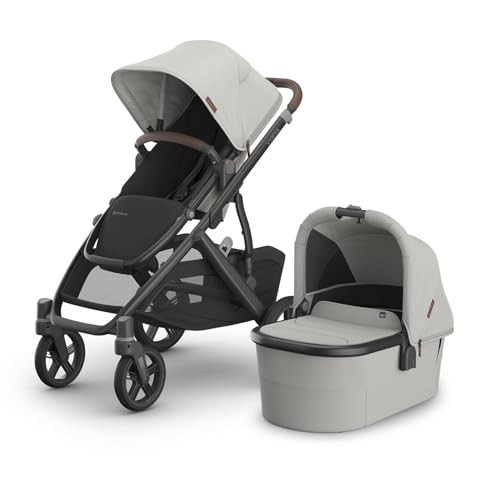 UPPAbaby Vista V3 Stroller + Bassinet V3 - Convertible Single-to-Double Stroller System- Bassinet, Toddler Seat, Bug Shield, Rain Shield Included - Savannah (Pearl Gray/Carbon Frame/Chestnut Leather) | Amazon (US)