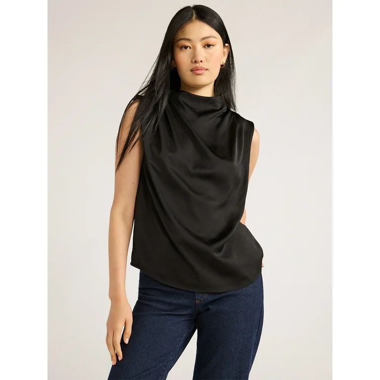 Scoop Women’s Sleeveless Mock Neck Pleated Shoulder Blouse, Sizes XS-XXL | Walmart (US)