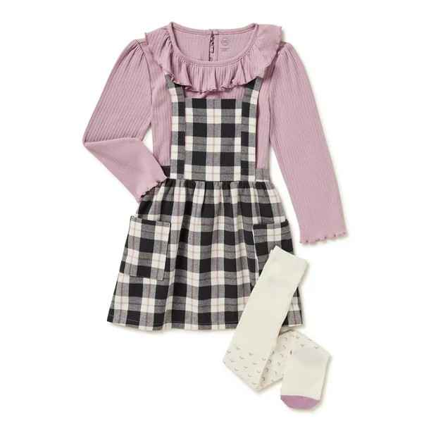 Wonder Nation Baby and Toddler Girls' Pinafore Dress, Long Sleeve Top and Tights Set, Sizes 12M -... | Walmart (US)