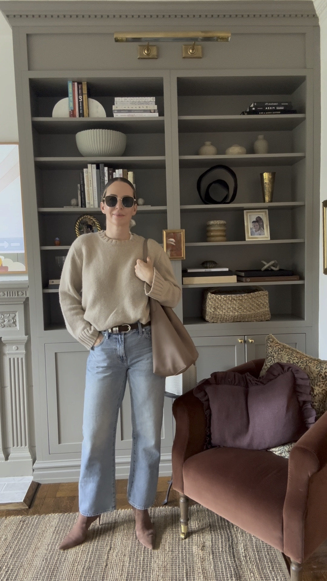 Sizing: 
Sweater: size M (use code Helena15 for 15% off)
Denim: TTS.
Boots: TTS. Linked a similar pair. 