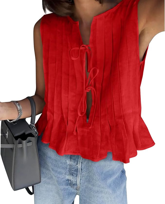Womens Bow Front Tie Tank Tops Pleated Babydoll Top Sleeveless Cute Coquette Shirt Summer Outfits | Amazon (US)