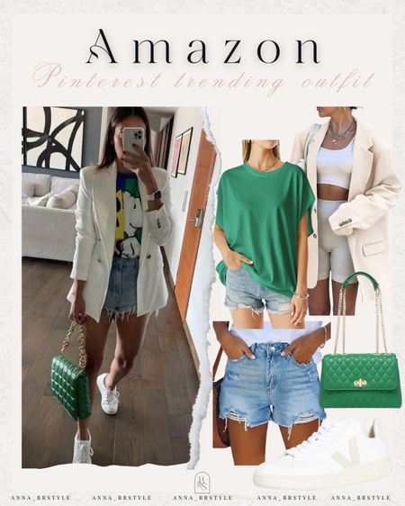 Spring outfit, oversized blazer for women, denim shorts, green quilted bag

#LTKFindsUnder50 #LTKFindsUnder100