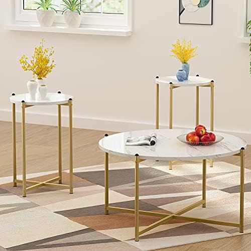 DKLGG Coffee Table Set of 3, Modern Round Coffee Table & 2pcs End Table Faux Marble Tabletop with... | Amazon (US)