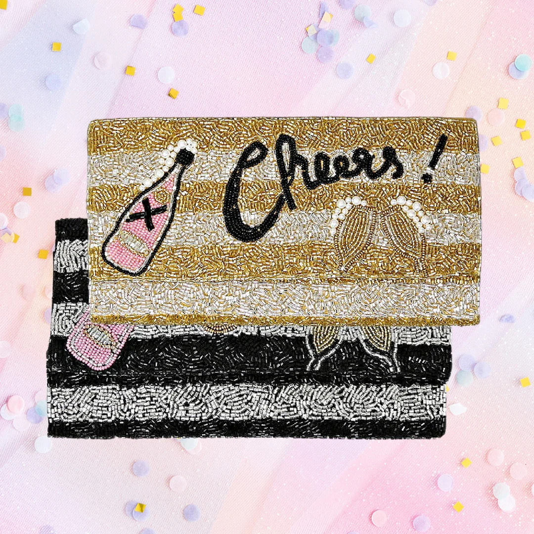 CHEERS Gold Black Champagne Bottle Wedding Party Beaded Clutch - Etsy | Etsy (US)