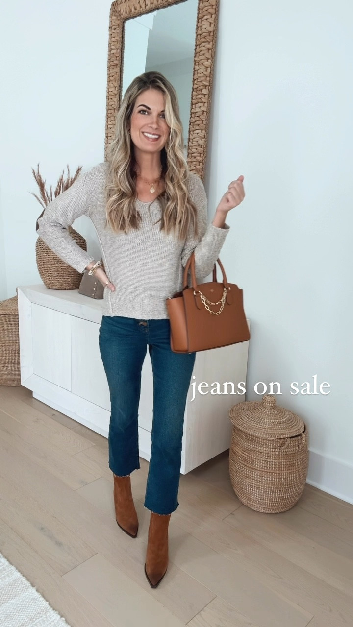 Fall outfit!  Size small sweater and under $25. I am 5’11” wearing 26 tall in the jeans.  Booties true to size.   I size up .5 in booties to have room for warm socks.  Bag is under $40. Lip color is “honeysuckle”.  

#LTKSeasonal #LTKVideo #LTKShoeCrush
