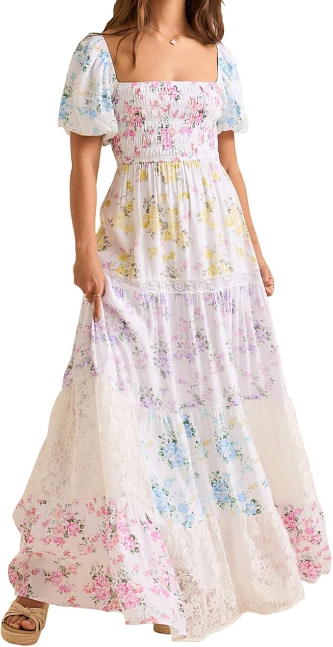 Women Patchwork Dress Y2k Floral Puff Short Sleeve Maxi Dress Summer Boho Smocked Tiered Ruffle B... | Amazon (US)