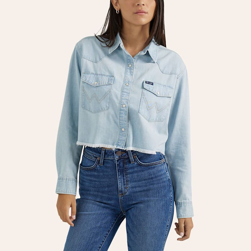 Wrangler Women's Light Wash Boyfriend Cut-Off Shirt | Cavender's