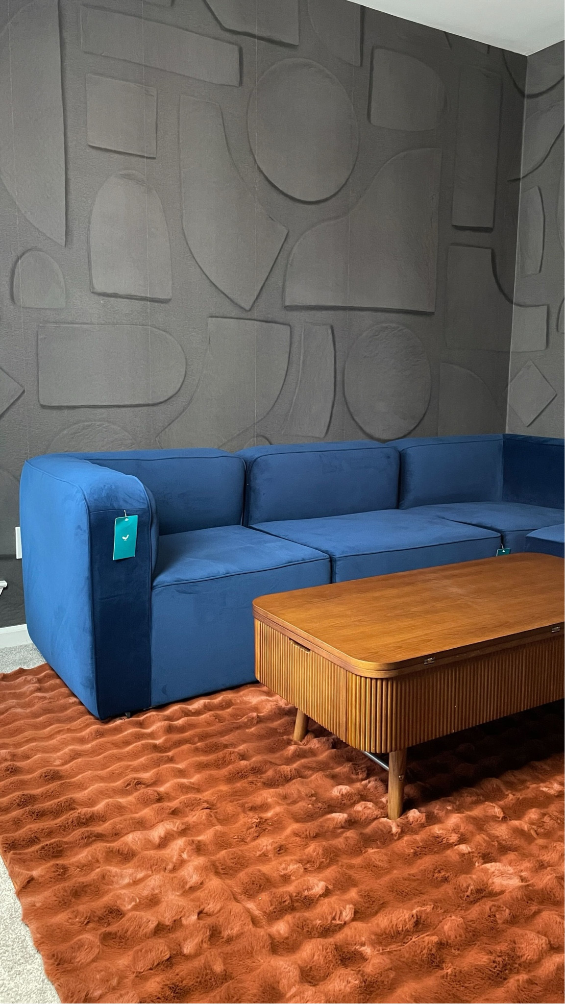 Colorful man cave lounge with Joybird velvet sofa and lift top coffee table 

#LTKHome