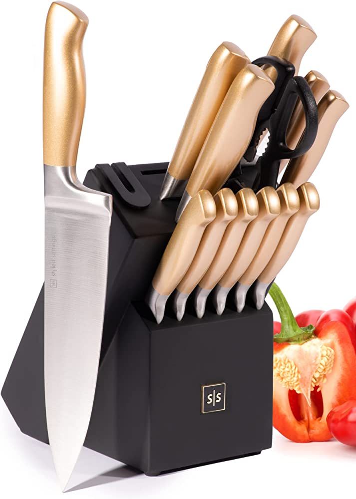 Black and Gold Knife Set With Block - Gold Handle Knife Set with Self Sharpening Kitchen Knife Ho... | Amazon (US)