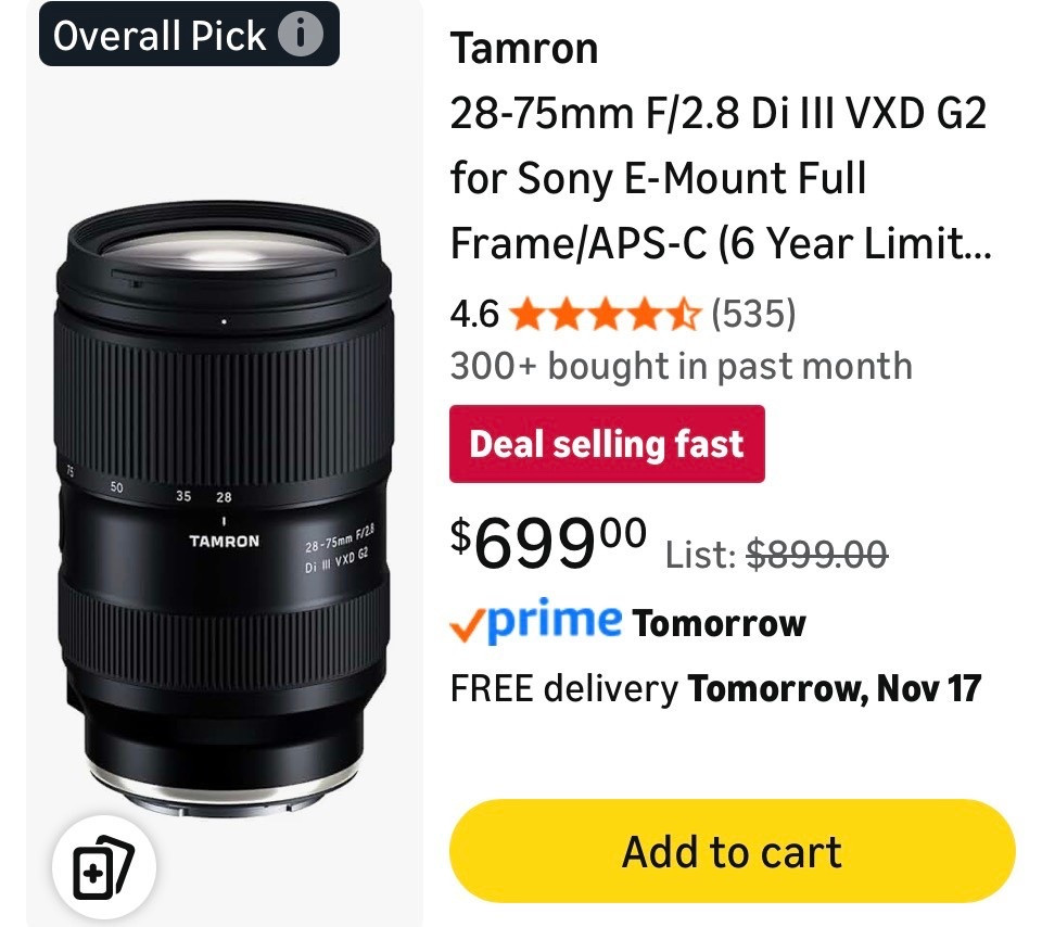 Tamron 28-75mm F/2.8 Di III VXD G2 for Sony E-Mount Full Frame/APS-C (6 Year Limited USA Warranty)