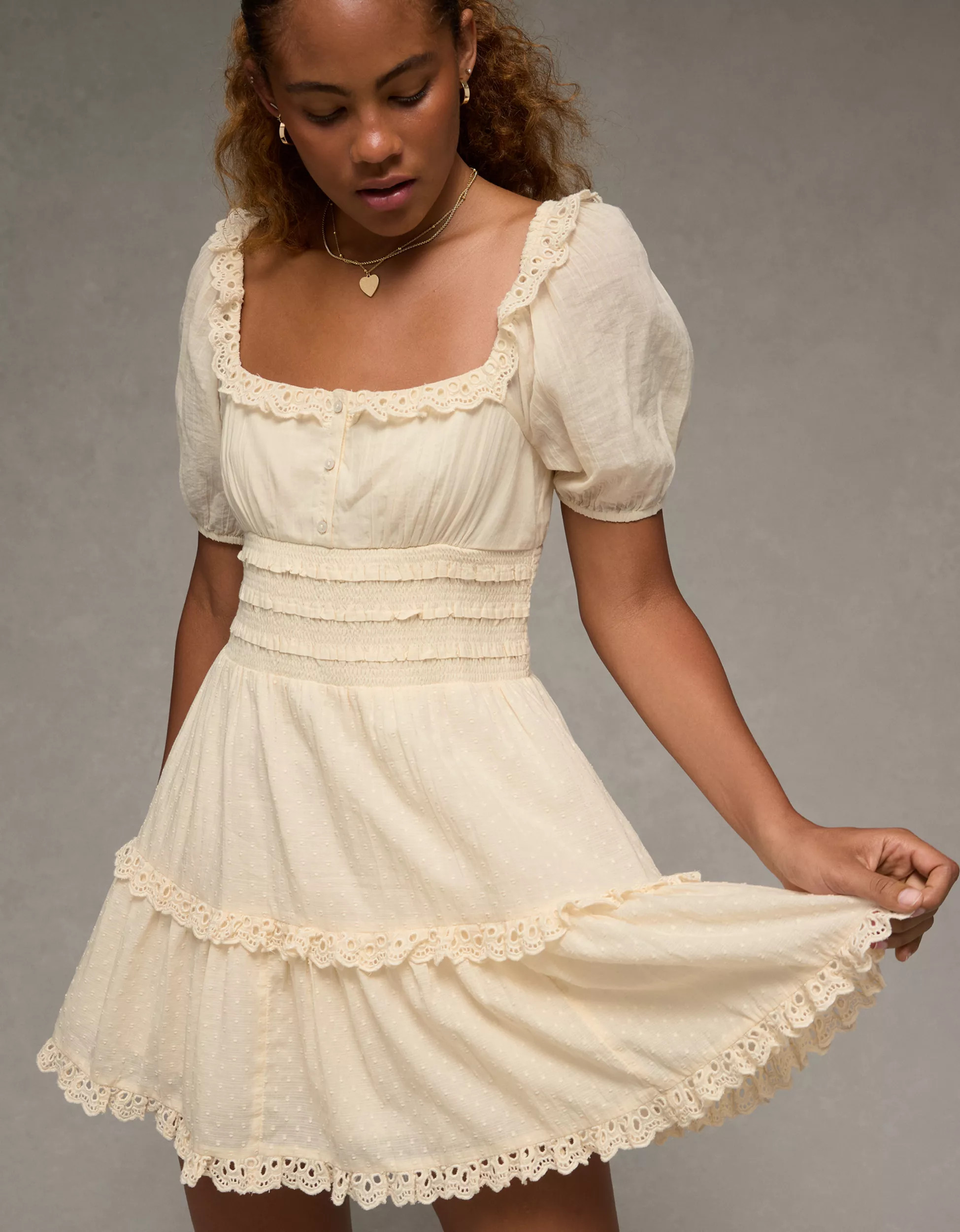 AE Puff Sleeve Smocked Tiered Mini Dress | American Eagle Outfitters (US & CA)