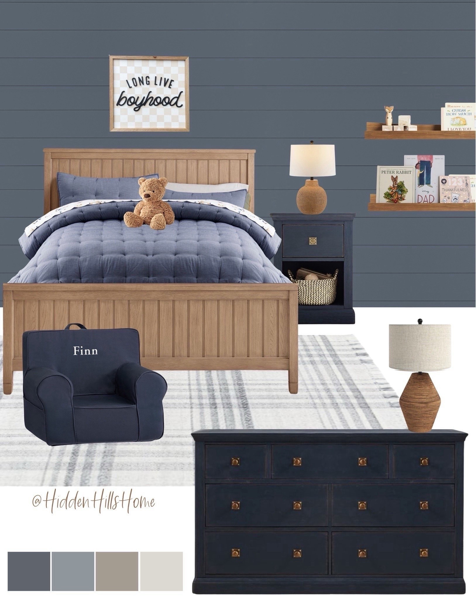 Boys bedroom mood board, moody boys bedroom, boys bed, kids room decor, boys bedding #boysroom