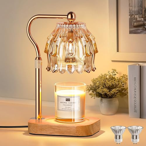Candle Warmer Lamp with Timer Dimmer, Modern Wax Warmer for Scented Wax Jar Candle Warmer with 2 Bulbs, Adjustable Height Glass Lamp for Gifts for Women, House Warming Gifts, Home Decor, Gold Amber | Amazon (US)