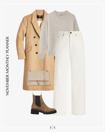 Monthly outfit planner: NOVEMBER Fall and Winter looks | camel topcoat, crewneck alpaca sweater, off white straight crop jeans, water resistant lug boot, handbag 
 
See the entire calendar on thesarahstories.com ✨


#LTKstyletip