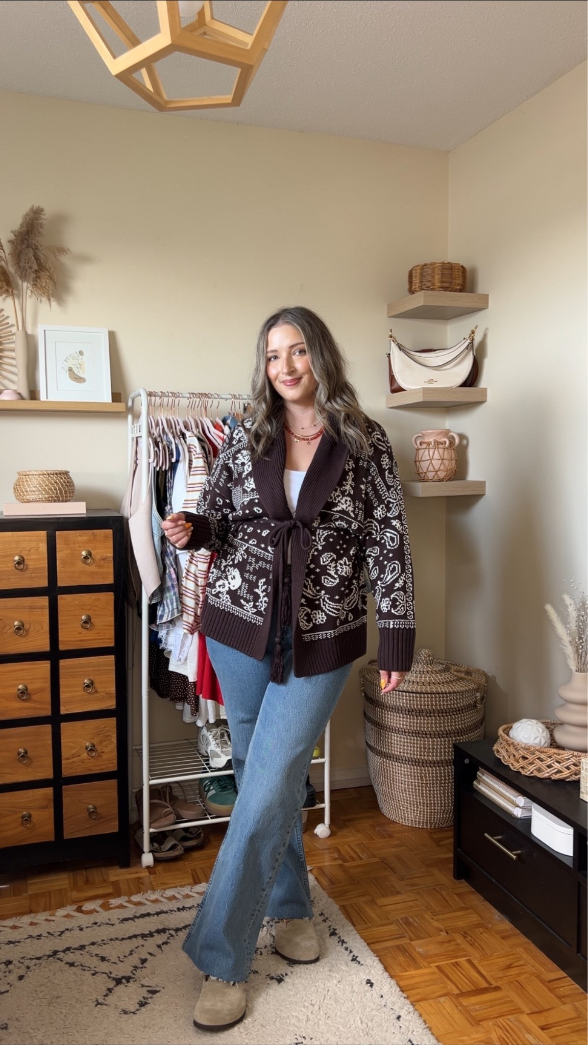 Abercrombie fall outfit! Wearing size L in the bandana print cardigan, size M in the bra free tank top, and size 30 in the jeans. I’m a 9.5-10 shoe and wear a 40 in the Birkenstock clogs

#LTKfall #LTKjeans #LTKmidsize