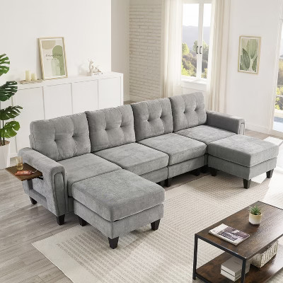 115"W Modular Sectional Sofa, U-Shaped Sofa Chenille Couch with 2 Movable Ottomans, USB Ports & Foldable Side Tables, Gray - ModernLuxe | Target