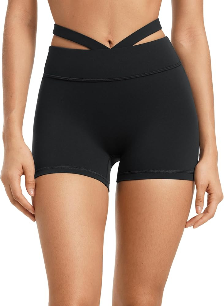 Womens Biker Shorts 4 Inches High Waisted No Front Seam Hollow Belt Running Workout Yoga Shorts | Amazon (US)