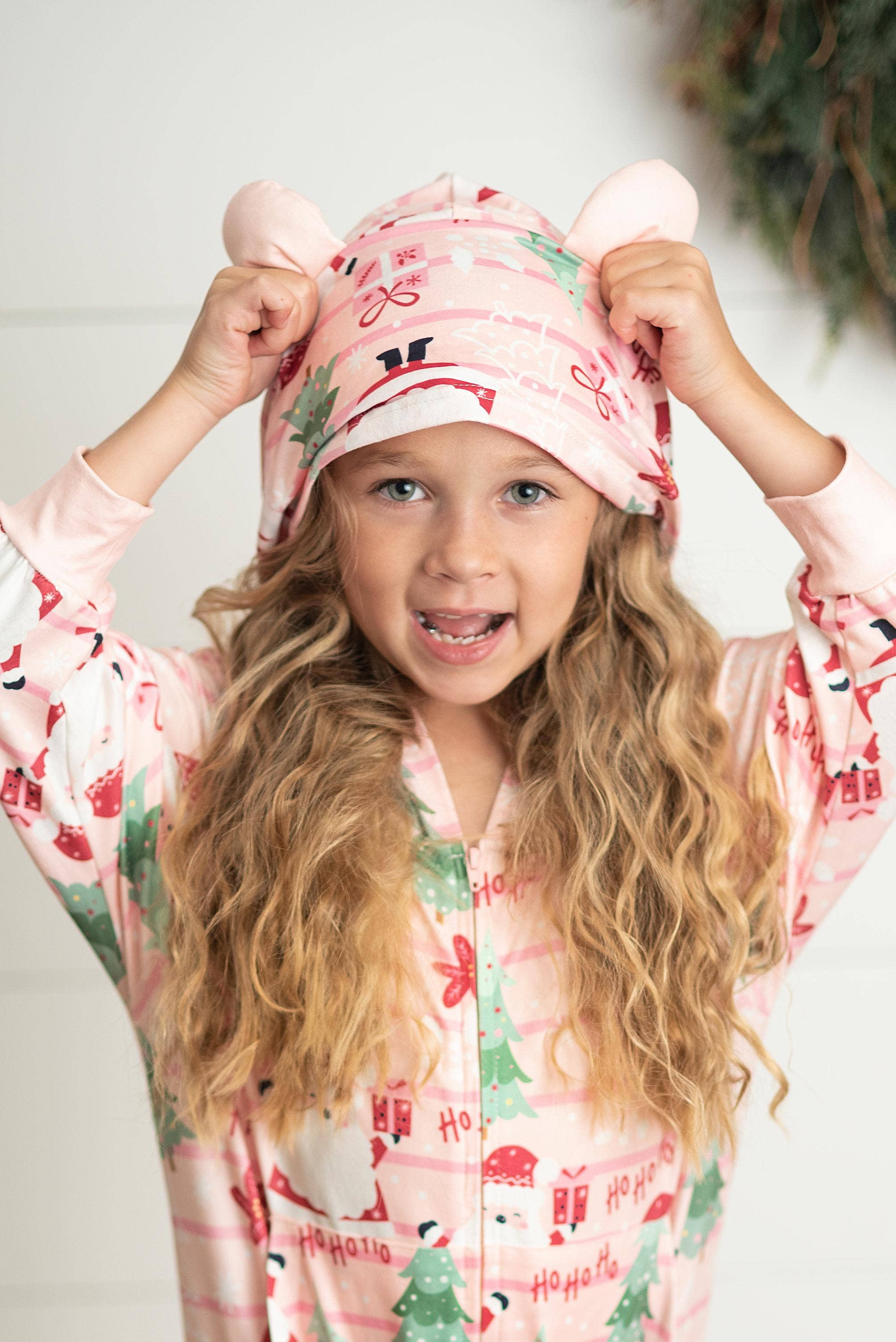 Pink Santa Lounge Zip Hoodie Onesie with Critter Ears | Persnickety