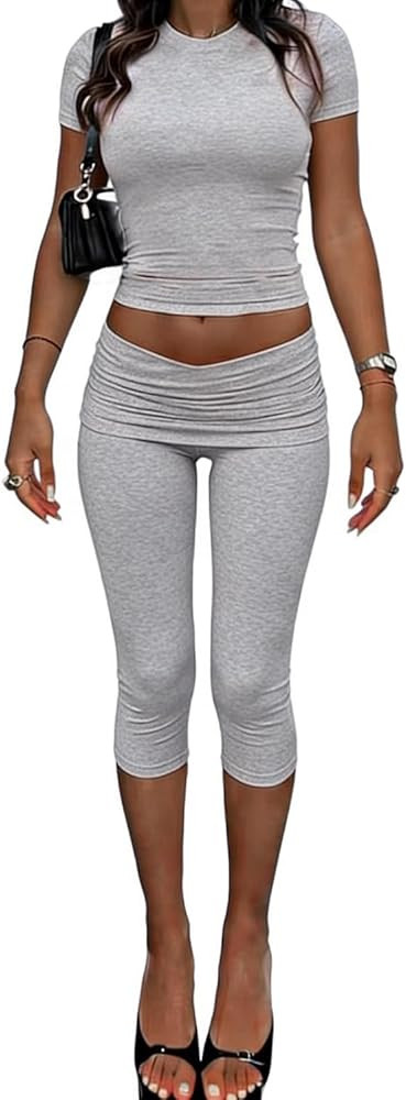 ZFLM casual sports women's two-piece set with short sleeves exposed navel high waistfoldable crop... | Amazon (US)