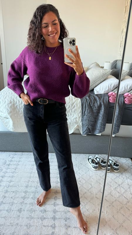 Casual Sunday outfit! A bold purple madewell cropped sweater front tucked into my favorite ultra high rise 90s straight jeans from Abercrombie and cinched with a cute belt with a gold buckle. Layered gold necklaces and delicate Huggies completed the look! 

#LTKmidsize #LTKSeasonal #LTKfindsunder100