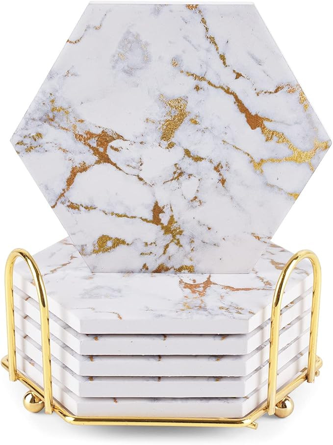 Marble Gold Coasters for Drinks Absorbent with Cork Base, 6pcs Drink Coasters for Wooden Table wi... | Amazon (US)