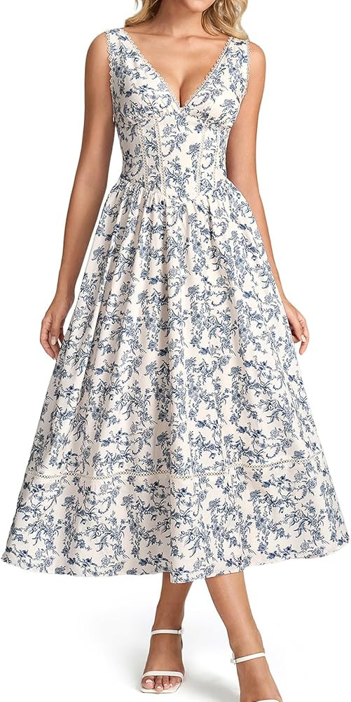 KUTUMAI Floral Corset Midi Dresses for Women 2026 Summer Spring V Neck Lace Up Flowy Wedding Gues... | Amazon (US)
