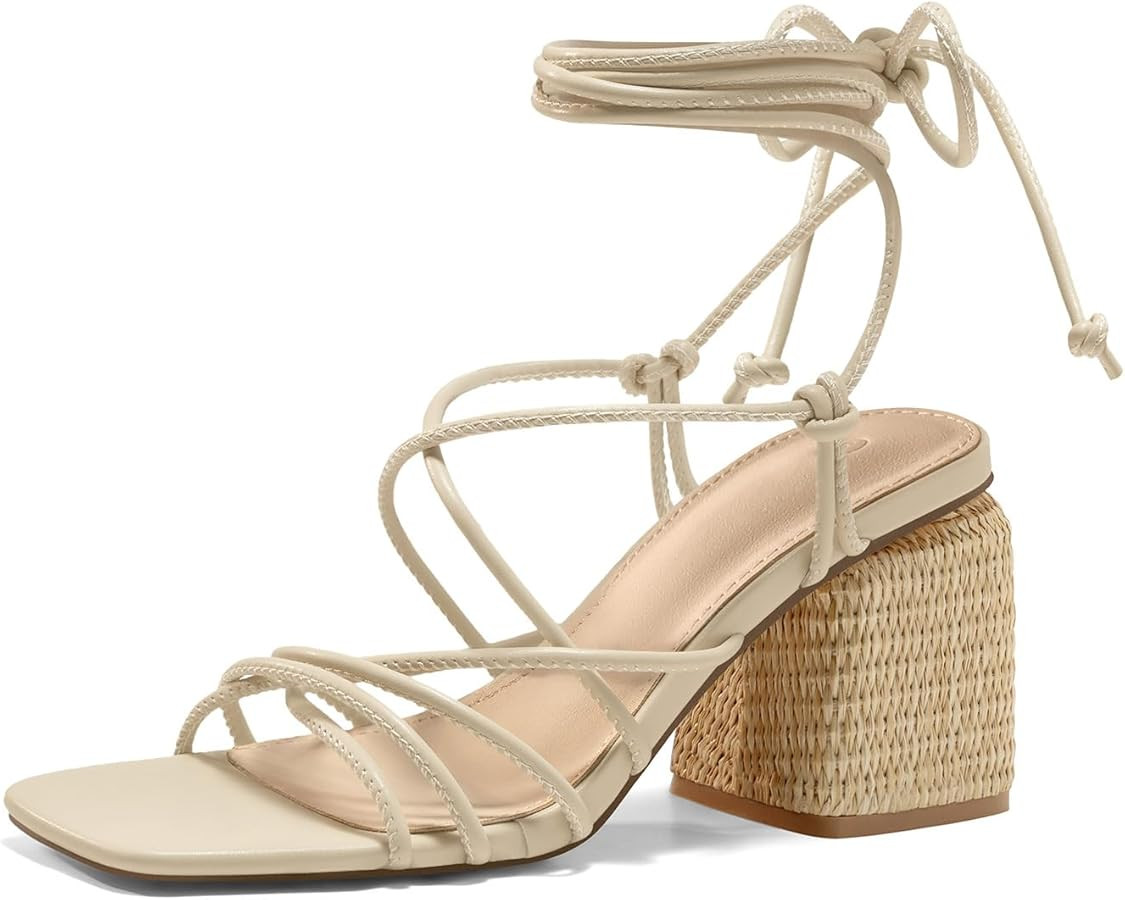 PiePieBuy Women's Lace Up Chunky Braided Heel Sandals Square Toe Strappy Ankle Strap Heels | Amazon (US)