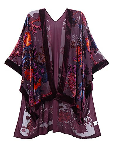 WeHello Women's Burnout Velvet Kimono Long Cardigan Cover Up Without Tassel (Wine/Bord)… | Amazon (US)
