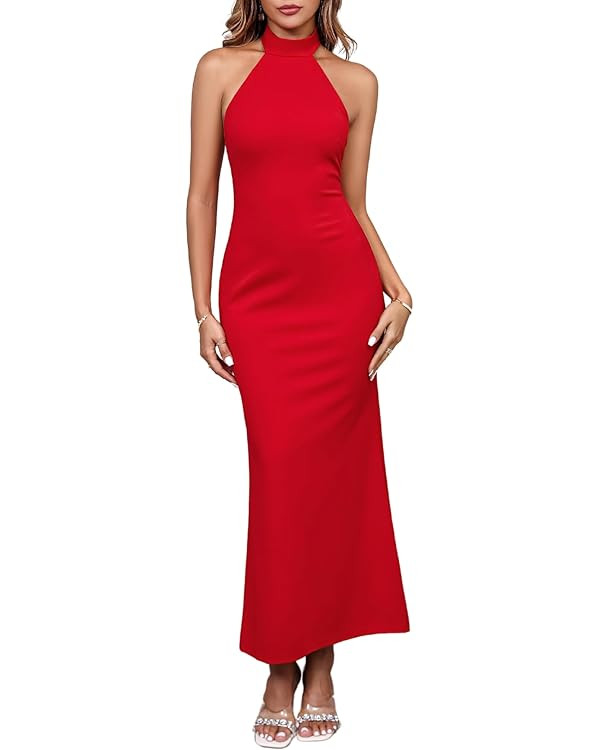 Parthea Women's Elegant Sleeveless Halter Neck Formal Bodycon Wedding Guest Evening Party Maxi Dr... | Amazon (US)