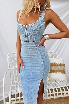 utcoco Denim Dress for Women Sleeveless Side Slit Bodycon Midi Jean Dresses for Women 2026 | Amazon (US)