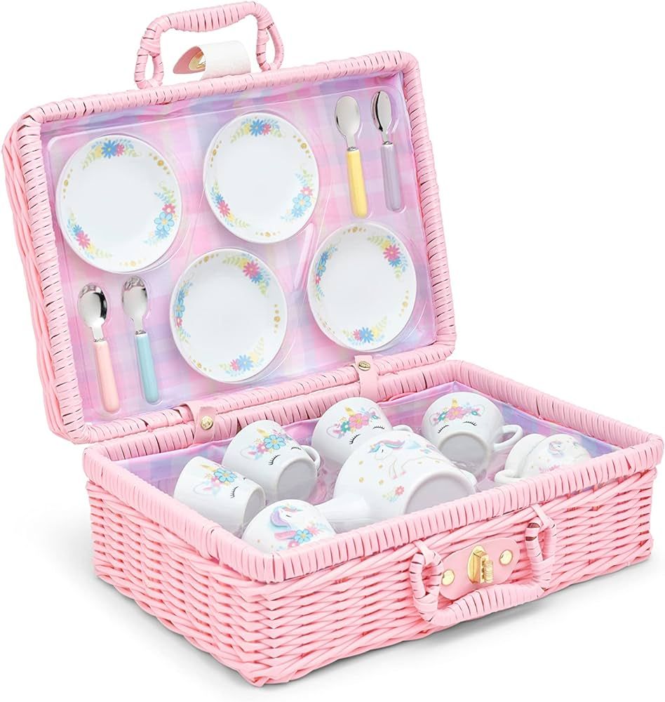 Porcelain Tea Set for Girls - Mini Ceramic Tea Cups with Pink Wicker Basket - Cute Tea Pot and Ti... | Amazon (US)