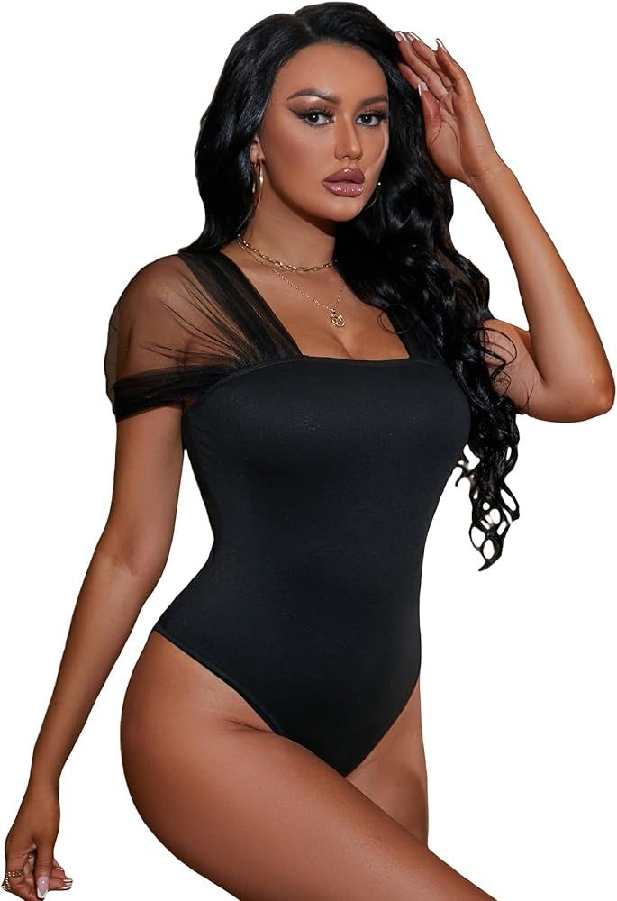 OYOANGLE Women's Off Shoulder Party Bodysuit Mesh Puff Short Sleeve Slim Fit Blouse Top | Amazon (US)