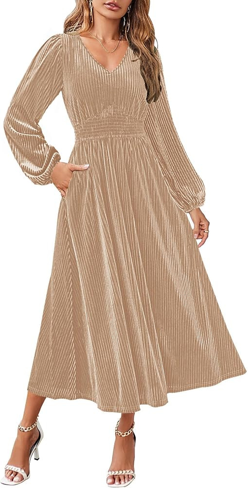 ZESICA Women's Velvet Midi Dress 2025 Casual V Neck Long Sleeve Solid Color Elastic High Waist Fl... | Amazon (US)