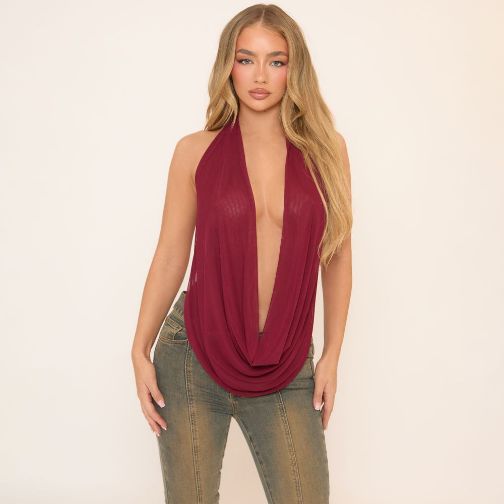 Extreme Cowl Halterneck Top In Burgundy Mesh | EGO (UK)