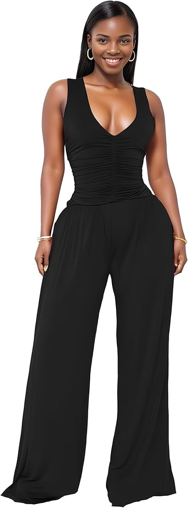 Jumpsuits for Women Dressy Casual Wide Leg Rompers Pants One Piece Suits Sleeveless High Waist Va... | Amazon (US)