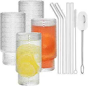 ALINK Vintage Glassware Set, 4 PCS Old Fashioned Romantic Drinking Glasses with Glass Straws, Ice... | Amazon (US)