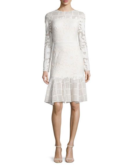 Long-Sleeve Mixed-Media Dress | Neiman Marcus