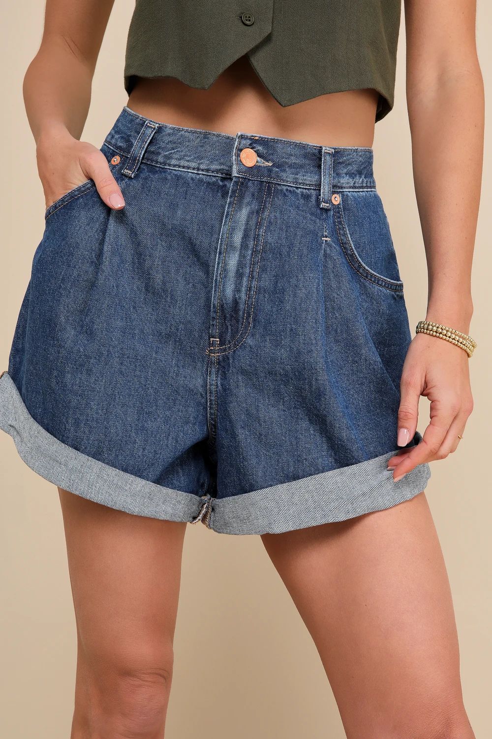Danni Dark Wash High-Rise Baggy Pleated Denim Shorts | Lulus