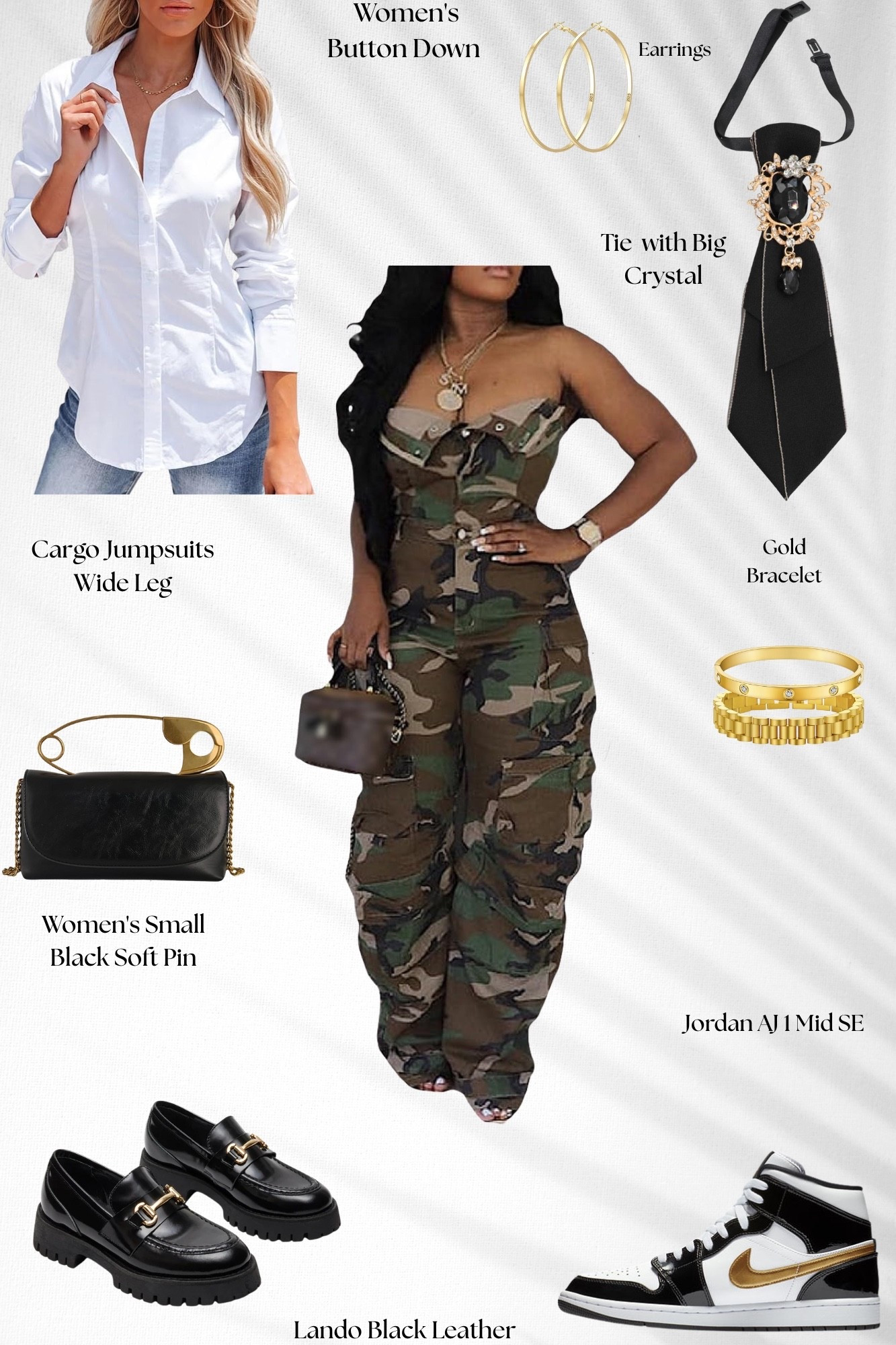 Street style meets polished 😮‍💨
Camo wide leg cargo jumpsuit with a white button down layer, bold crystal tie accessory, gold hoops + gold bracelet, black pin bag, and AJ1 Mid SE to pull the whole vibe together.

#LTKFindsUnder100 #LTKootd #LTKPlusSize