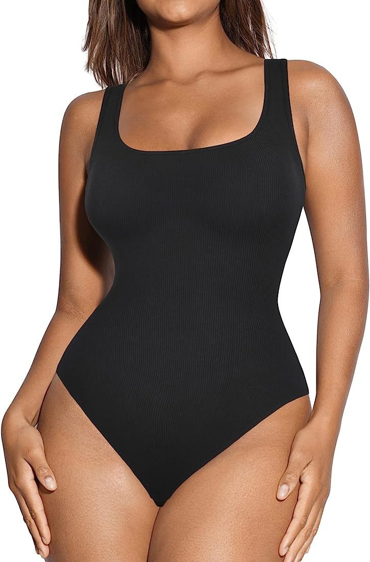 FeelinGirl Women's Bodysuit Sleeveless Ribbed Thong Bodysuits with Built in Bra 2023 Summer Going... | Amazon (US)