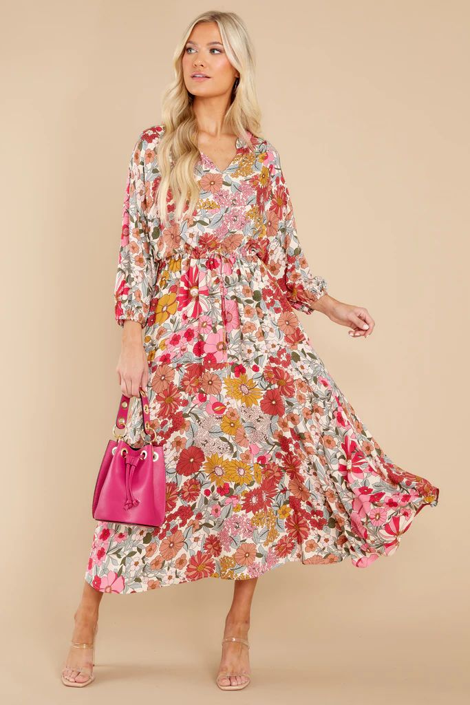 From Gloom To Bloom Pink Multi Floral Print Midi Dress | Red Dress 