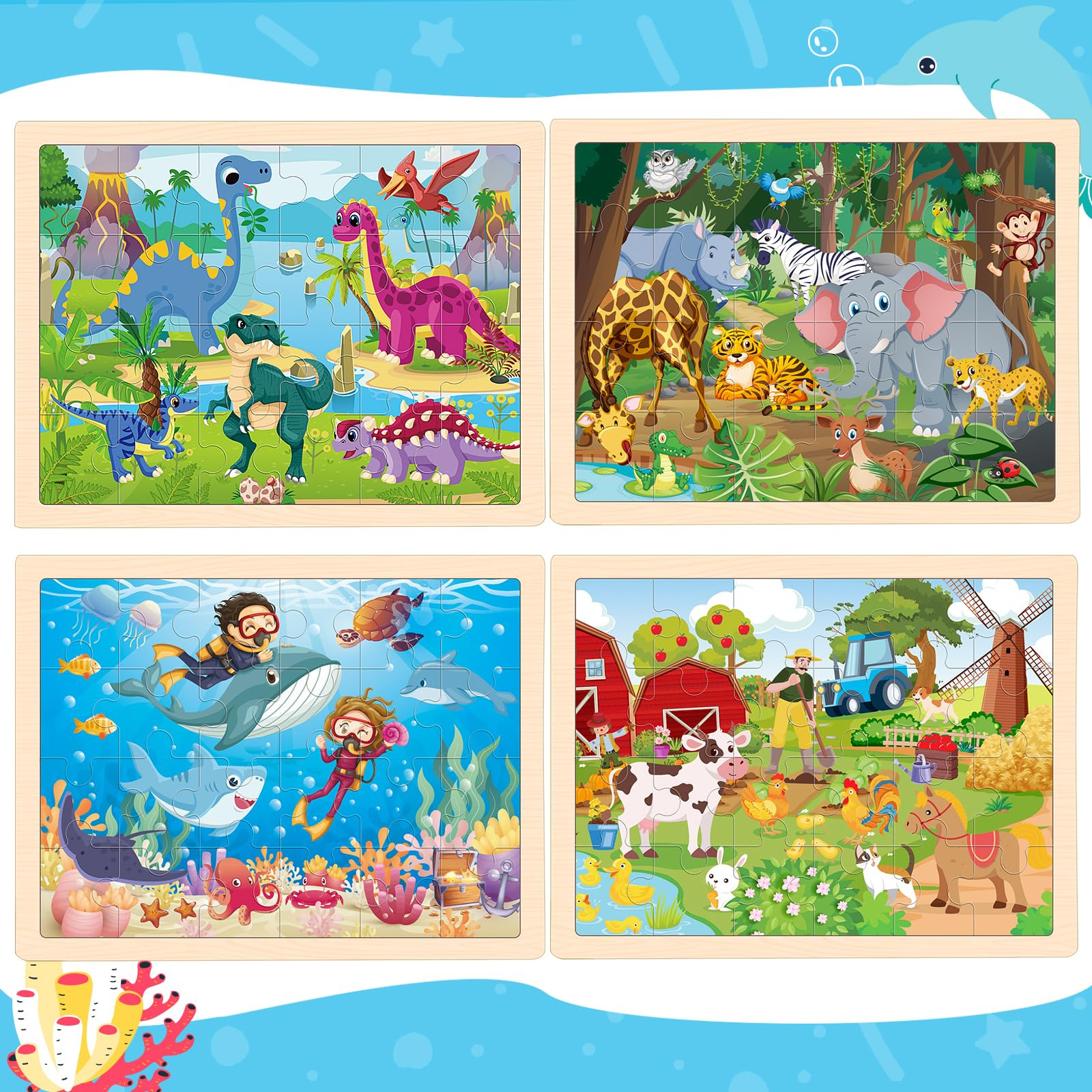 4 Packs Puzzles for Kids Ages 4-6, Wooden Animals Jigsaw Puzzles for Toddlers Ages 2-4, Preschool... | Amazon (US)