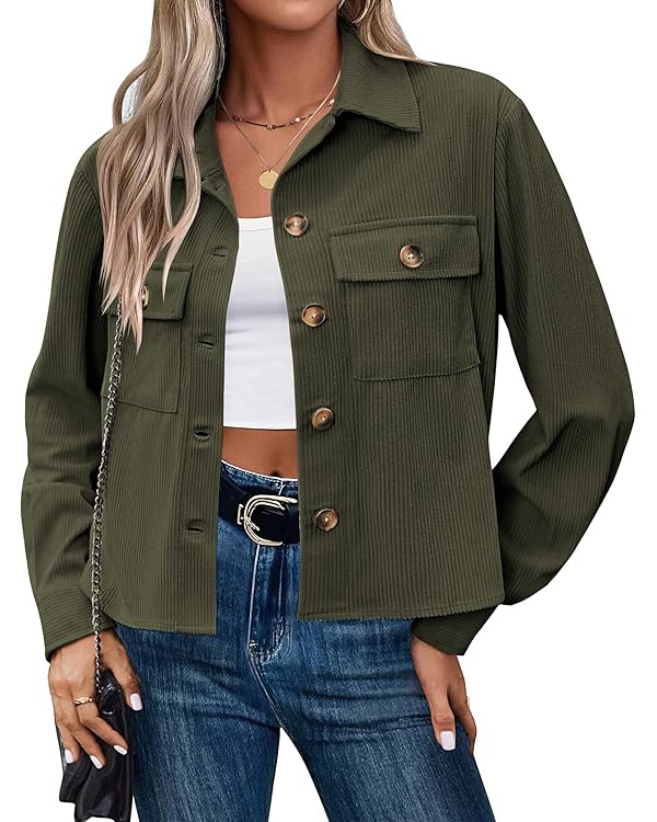 Zeagoo Womens Fashion Cropped Corduroy Shackets Button Down Jackets Tops Fall Trendy Long Sleeve ... | Amazon (US)