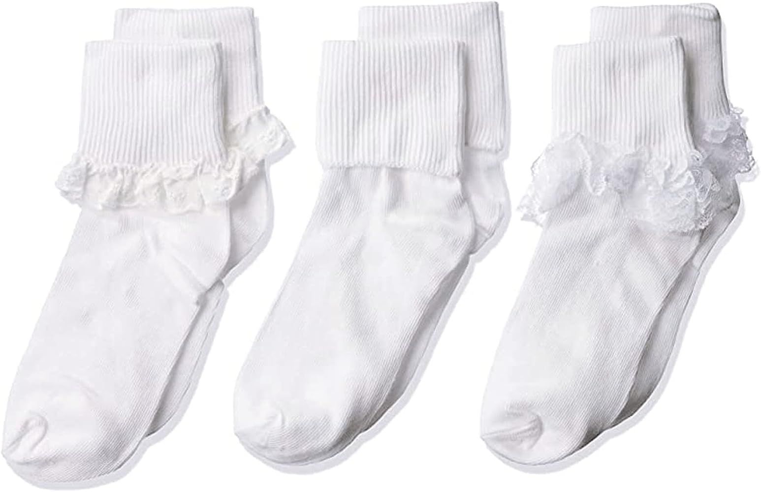 Jefferies Socks Big Girls Eyelet Lace/Turn Cuff/Fancy Lace Girls Socks 3 Pack | Amazon (US)
