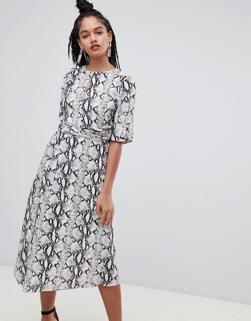 Miss Selfridge midi dress with metal trim in snake print - Gray | ASOS US