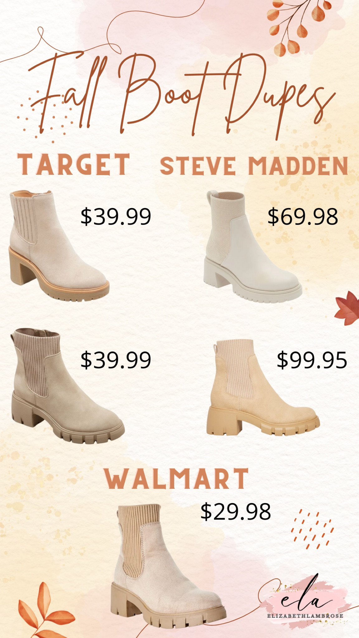 had my eye on the target platform boots, so I compiled every price range I could find!! 

if you want to splurge on steve madden, you can! 
if you want to save on the walmart ones, you can!! 
the options are endless!!

#boots #dupes #sockboots #platform #tan #bone #splurge #steal #save #splurgevssave #dupe #stevemadden #target #walmart #chelseaboot #katrinaboot #fall #fallboots #staples 

#LTKshoecrush #LTKSeasonal #LTKstyletip