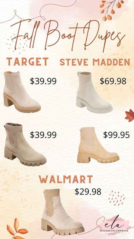had my eye on the target platform boots, so I compiled every price range I could find!! 

if you want to splurge on steve madden, you can! 
if you want to save on the walmart ones, you can!! 
the options are endless!!

#boots #dupes #sockboots #platform #tan #bone #splurge #steal #save #splurgevssave #dupe #stevemadden #target #walmart #chelseaboot #katrinaboot #fall #fallboots #staples 

#LTKshoecrush #LTKSeasonal #LTKstyletip