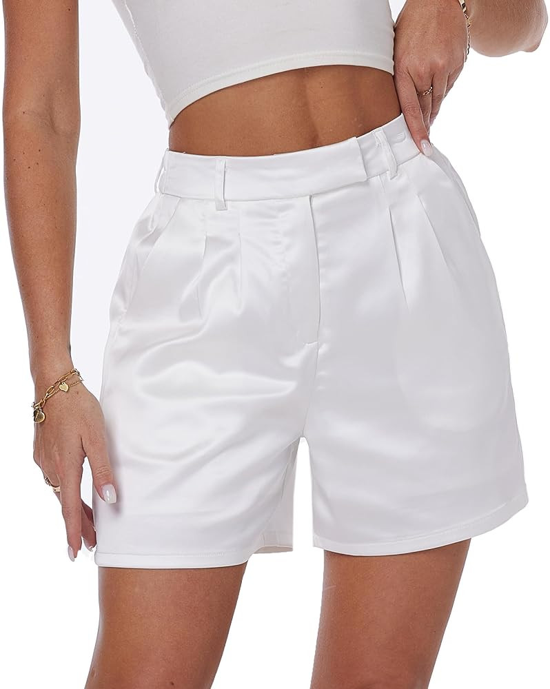 Women's Satin Silky Shorts Dressy Casual Party Wedding Club Shiny Metallic Pants Shorts | Amazon (US)