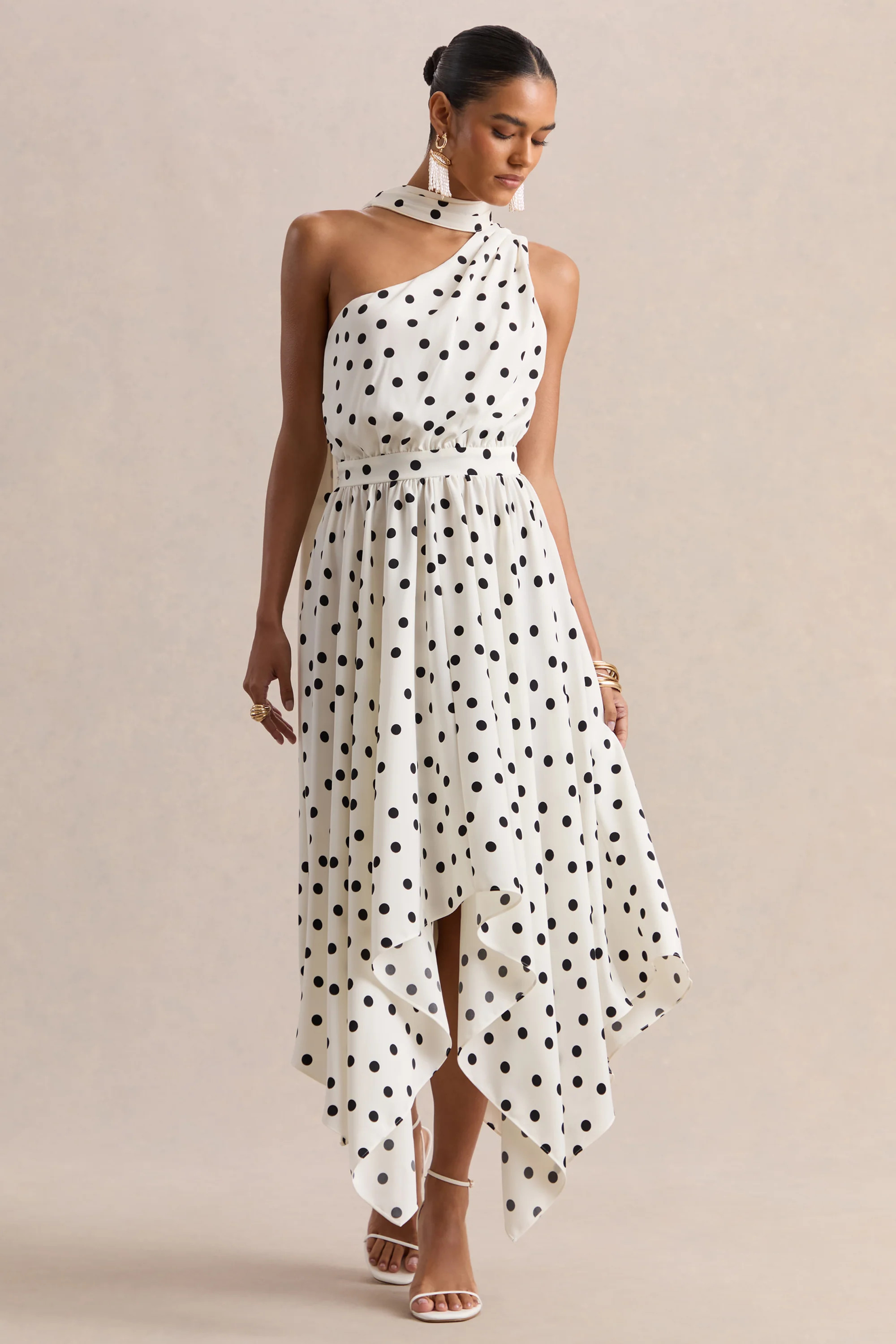 Caluna | White And Black Polka Dot Satin Asymmetric-Neck Midi Dress With Scarf-Detail | Club L London
